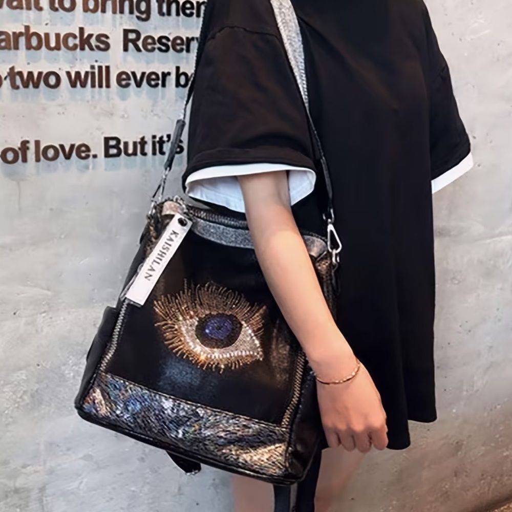 Black Eye-Embellished Women's backpack/shoulder bag - Picture 14 of 15